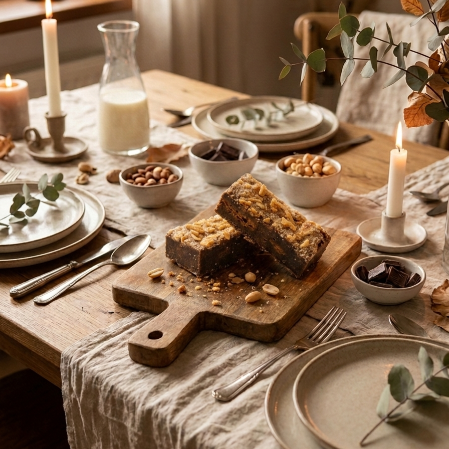 almond crunch brownies op gedekte tafel 
