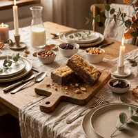almond crunch brownies op gedekte tafel 