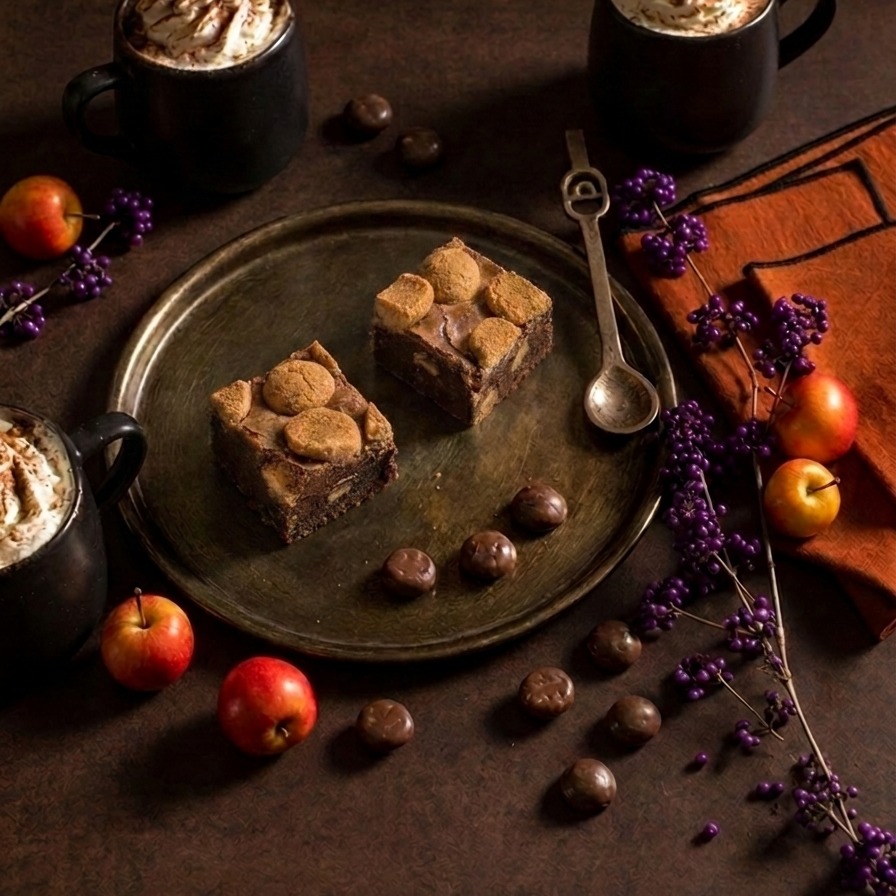 brownies met kruidnoten op een bord met kopje chocomel