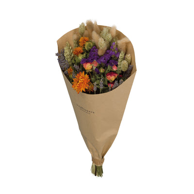 Droogbloemen boeket in oranje paarse kleuren