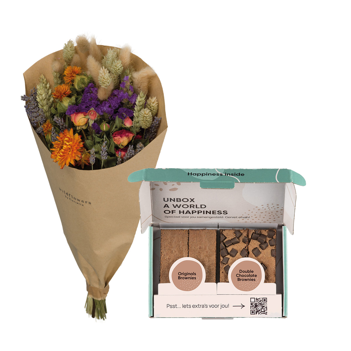 Bosje droogbloemen in oranje paarse kleuren met een brownie box met 4 brownies