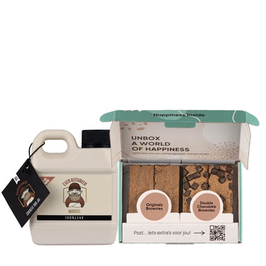 Douchegel en brownies op witte achtergrond