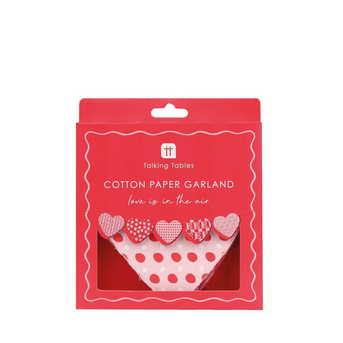 Hartjes slinger van gerecycled katoenpapier in kartonnen verpakking.