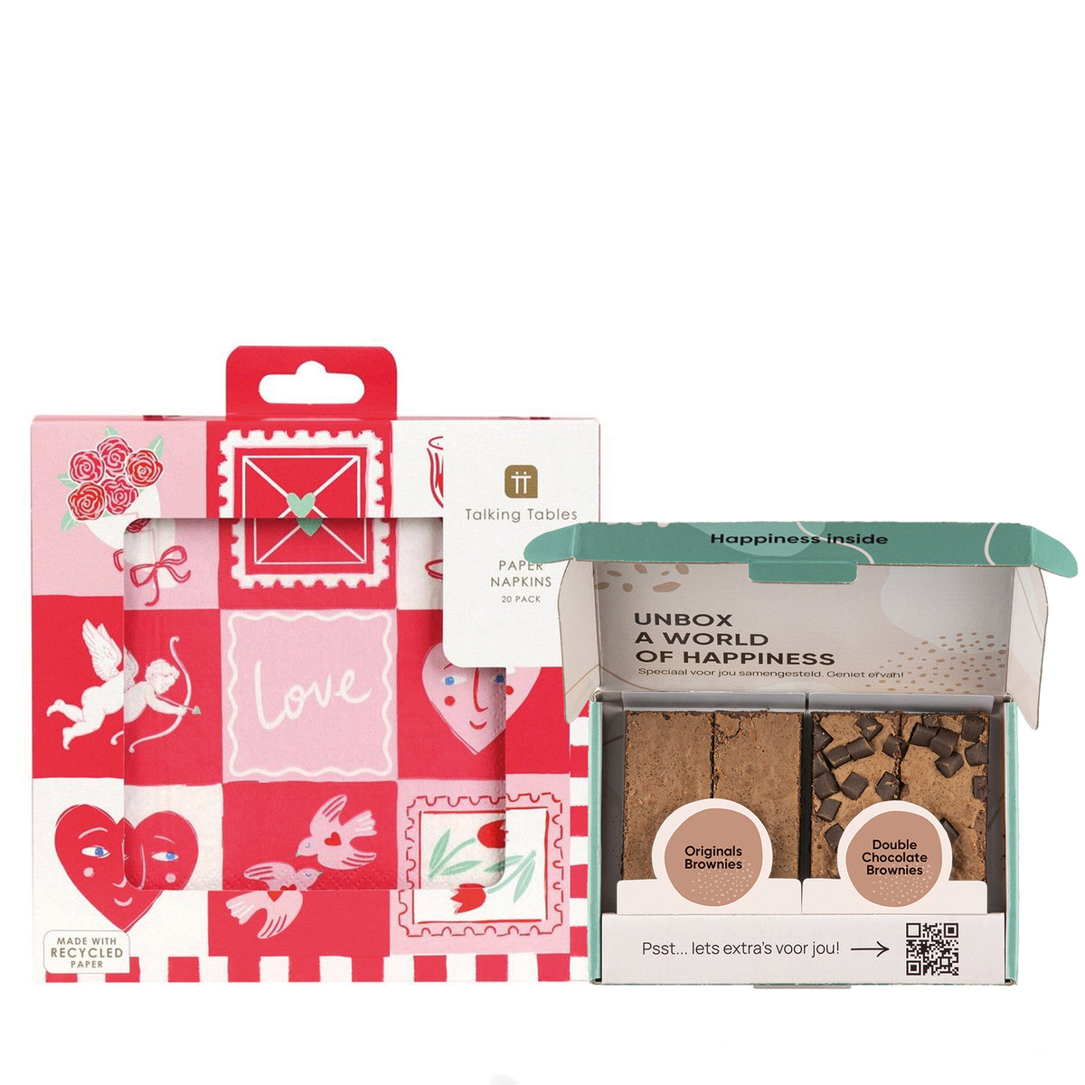 Hartjes servetten van Talking Tables met een box met 4 brownies.