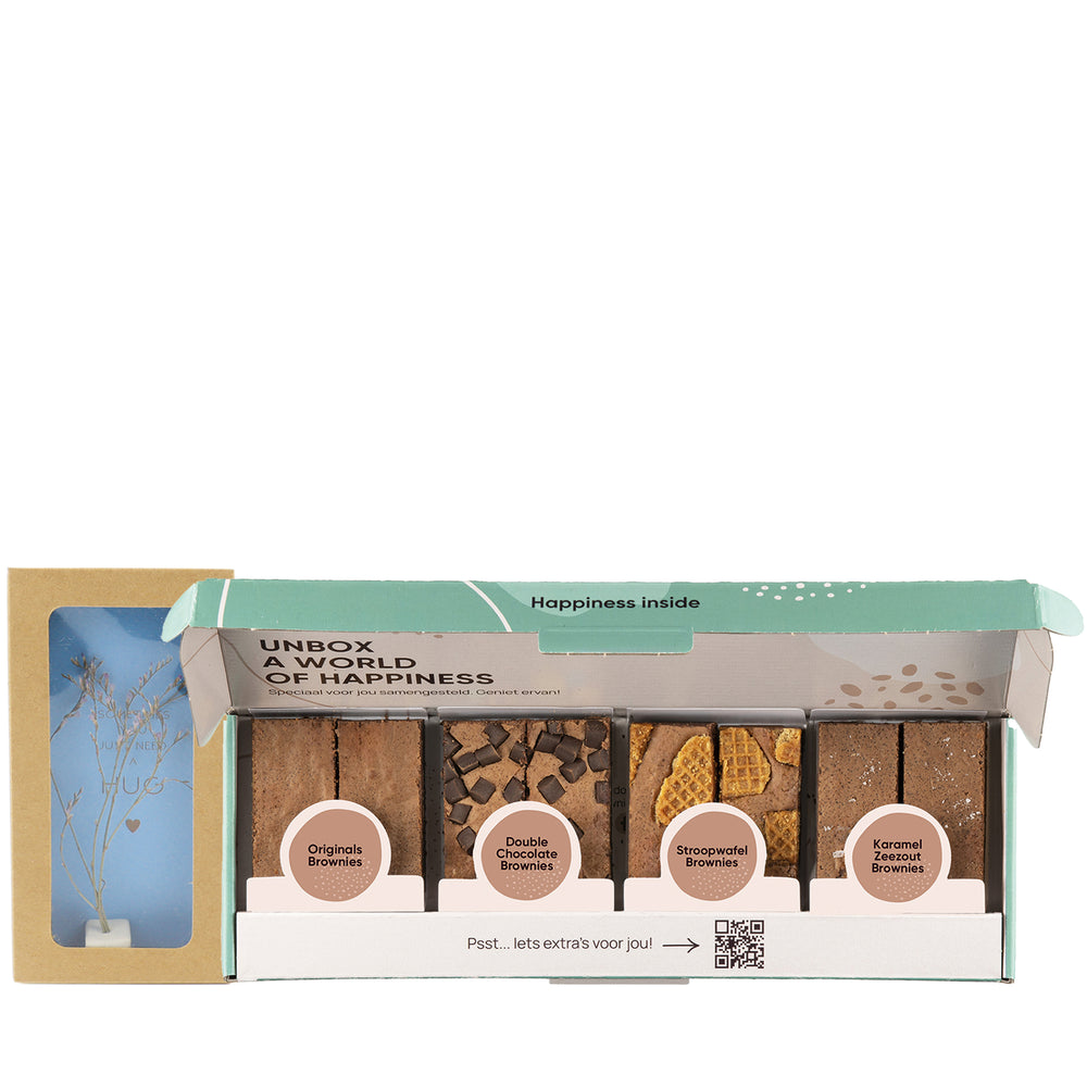 Geschenkdoosje met kaartje en droogbloem in mini-klei-standaard en een brownie box met 8 brownies