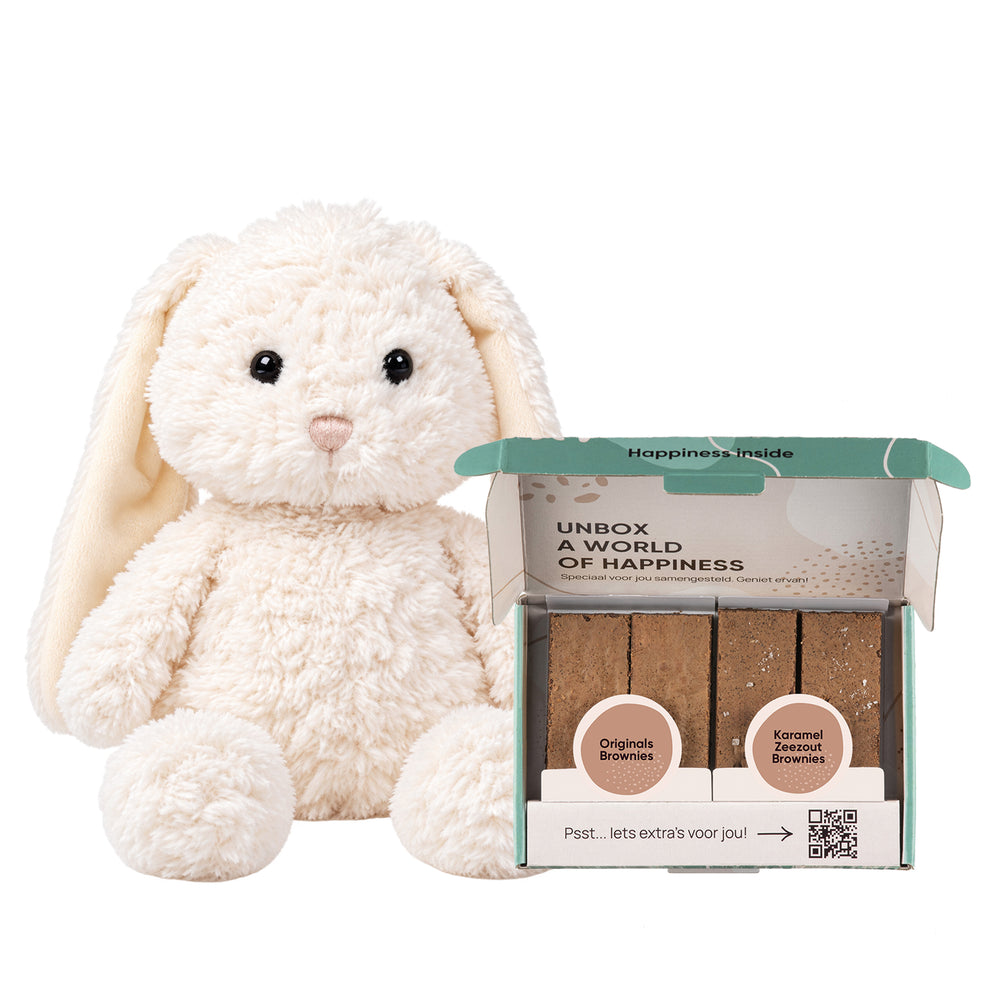 Browniebox met brownies: 2 originals en 2 karamel zeezout. Daarnaast een wit knuffelkonijn