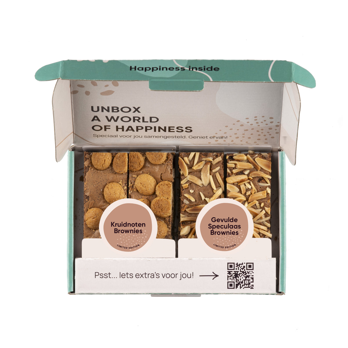 Brownie box gevuld met 2 Kruidnoten Brownies en 2 Gevulde Speculaas Brownies