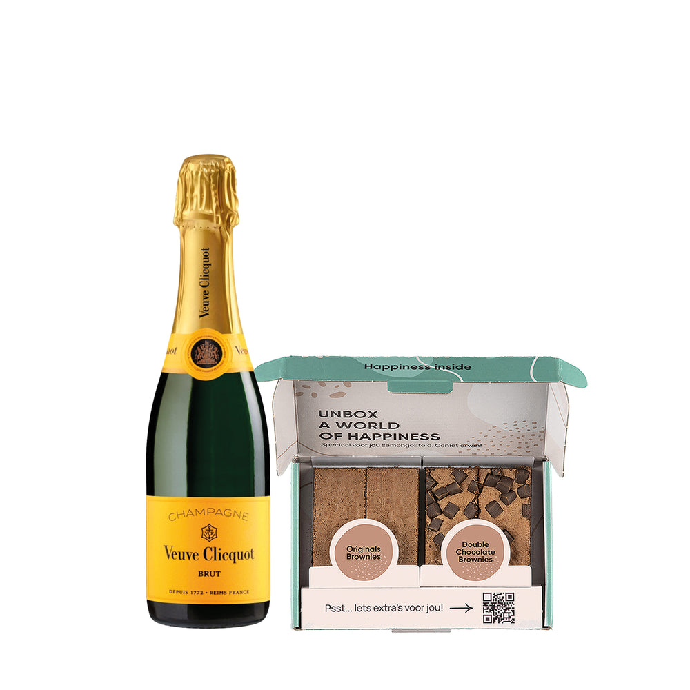 Fles Veuve Clicquot (37,5 cl) met een brownie box met 4 brownies