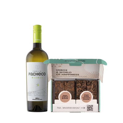 Fles Pacheco witte wijn met een brownie box met 4 brownies.