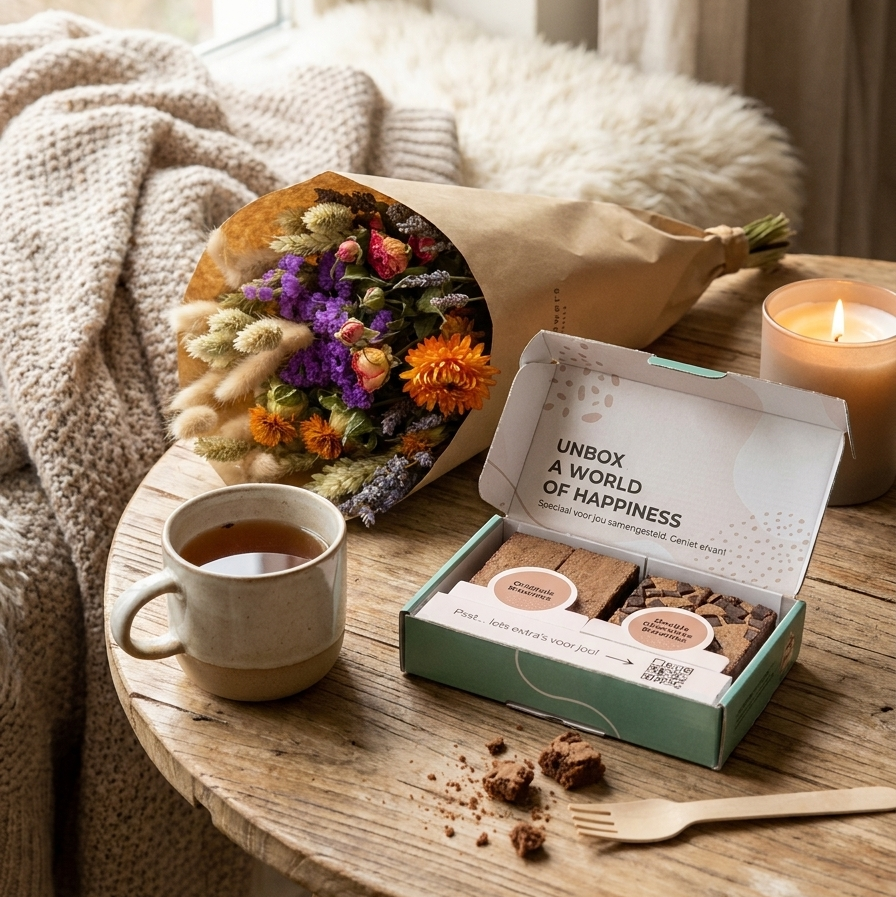 tafel met brownies en bosje bloemen