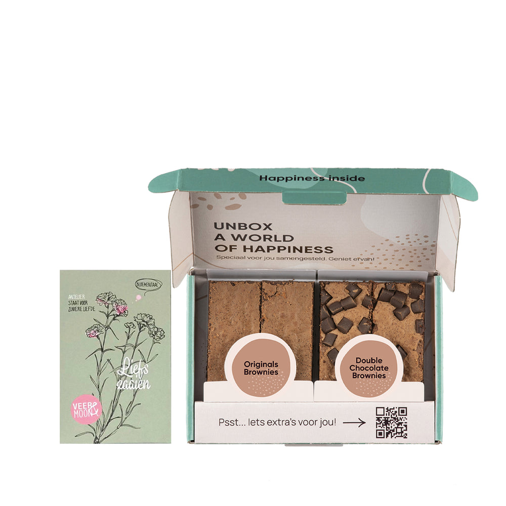 zakje bloemzaadjes met brownies op een witte achtergrond
