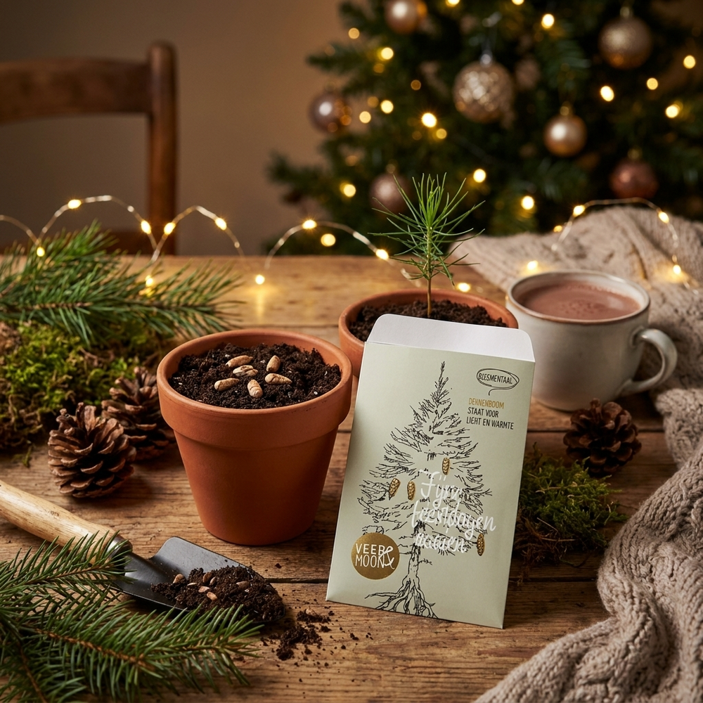sfeerfoto met een zakje zaadjes en potjes met zaadjes erin in een kerstige woonkamer