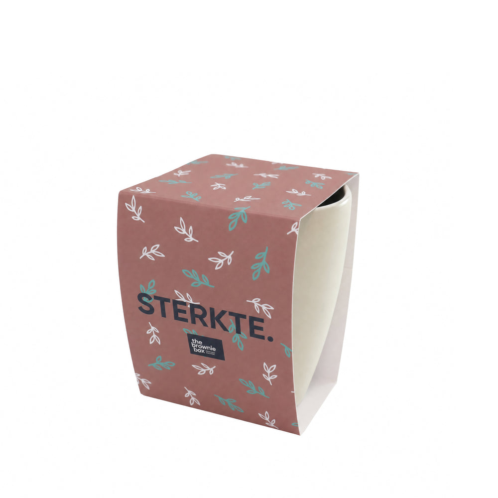 Grijze mok met sleeve met 'sterkte'