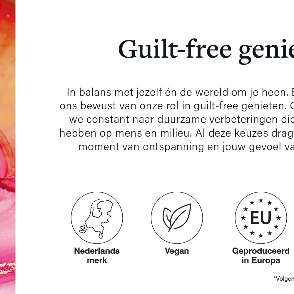 Informatieve afbeelding van Therme over guilt-free genieten en duurzaamheid, met iconen voor Nederlands merk, vegan verzorgingsproducten, productie in Europa en vrij van microplastics.