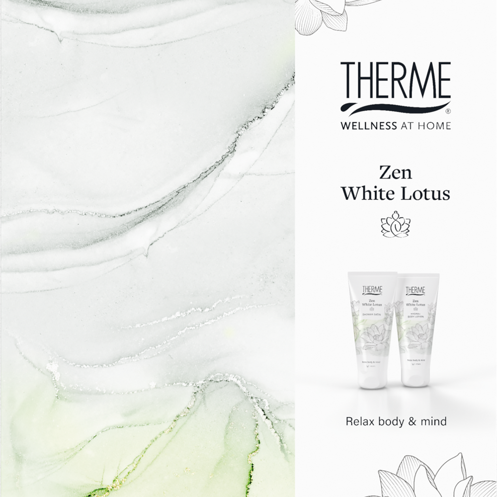 Witgroene Therme Zen White Lotus cadeauverpakking met marmerpatroon, lotusbloemen en afbeeldingen van douchegel en bodylotion. Een verzorgingscadeau voor een rustgevend verwenmoment thuis.