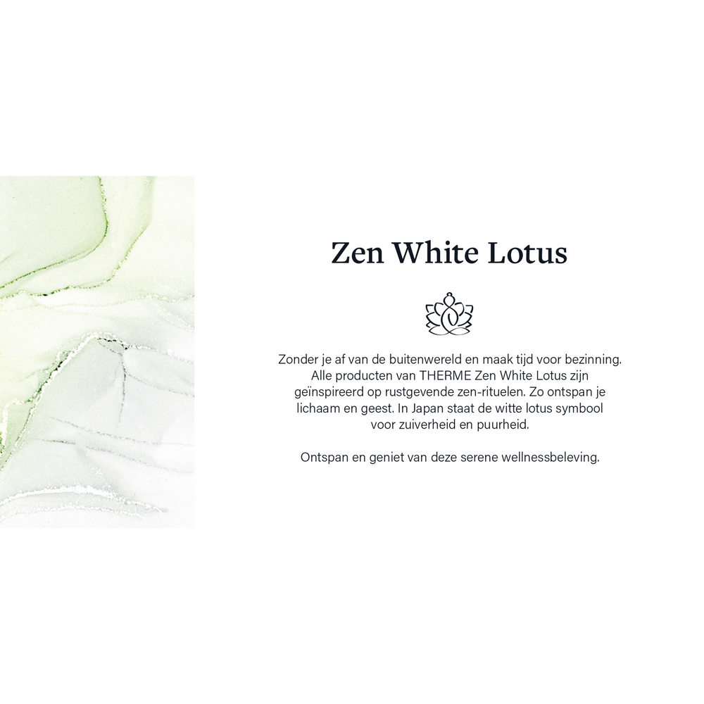 Informatieve afbeelding van Therme Zen White Lotus met lotussymbool en tekst over zen-rituelen, innerlijke rust en ontspanning. Een moment voor jezelf met wellness thuis.