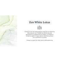 Informatieve afbeelding van Therme Zen White Lotus met lotussymbool en tekst over zen-rituelen, innerlijke rust en ontspanning. Een moment voor jezelf met wellness thuis.