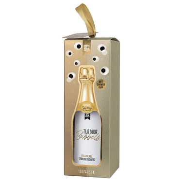 Een douchegeld en showerpuff in een gouden doosje met een lintje
