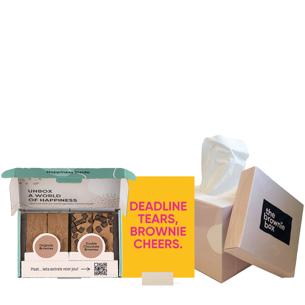 brownie box 4 stuks, deadline tears, brownie cheers kaartje in kaarthouder en tissuebox
